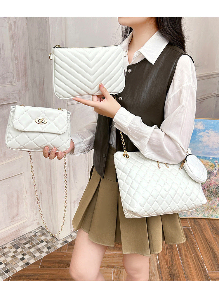 4-Piece PU Leather Rhombus Handbag Set - Large Capacity Shoulder Bag with Secure Zipper & Buckle Closure, Stylish Strap & Charms(White)