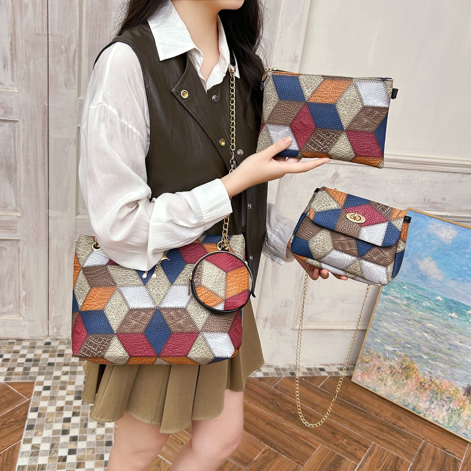 4-PCS Plaid Contrast-Color Handbag Set - Large Capacity PU Leather Shoulder Bag with Secure Zipper & Buckle Closure, Stylish Strap & Charms(Brown & Blue)
