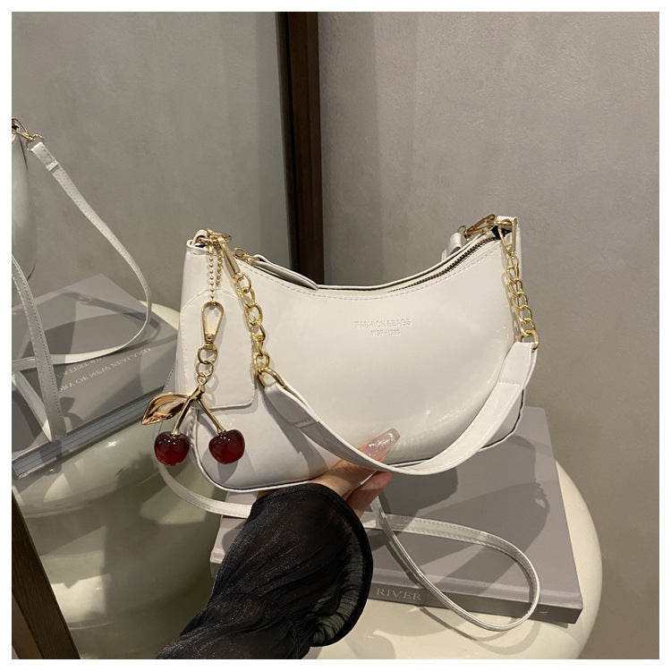 White Chic Glossy PU Leather Underarm Bag & Crossbody Purse with Cherry Charm - Versatile Handbag for Women