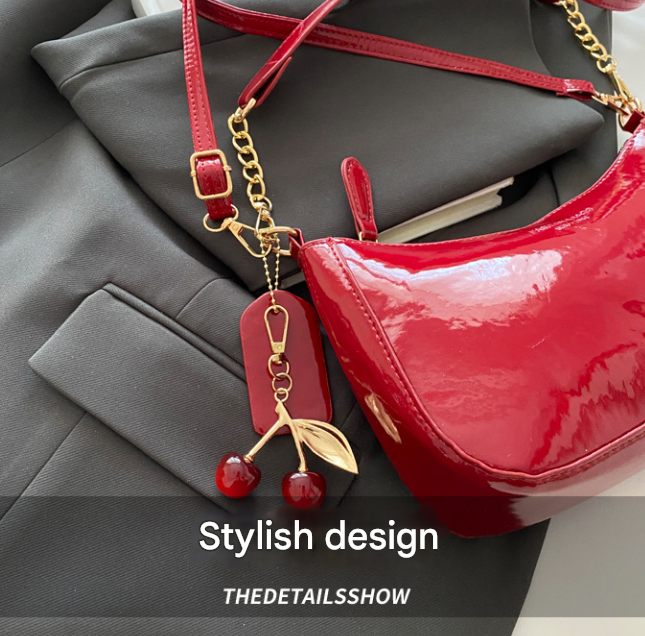 White Chic Glossy PU Leather Underarm Bag & Crossbody Purse with Cherry Charm - Versatile Handbag for Women