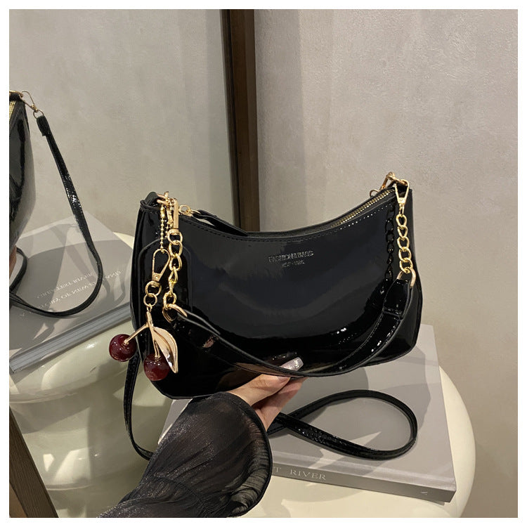 Black Chic Glossy PU Leather Underarm Bag & Crossbody Purse with Cherry Charm - Versatile Handbag for Women