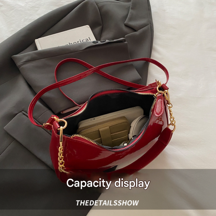 Black Chic Glossy PU Leather Underarm Bag & Crossbody Purse with Cherry Charm - Versatile Handbag for Women