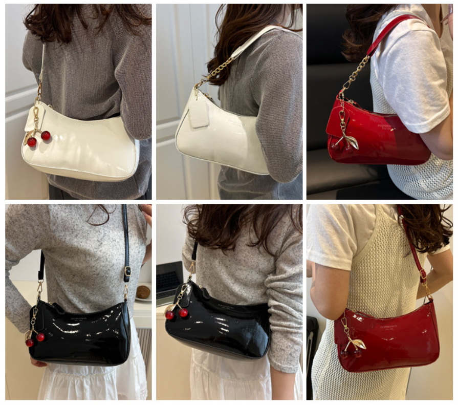 Black Chic Glossy PU Leather Underarm Bag & Crossbody Purse with Cherry Charm - Versatile Handbag for Women