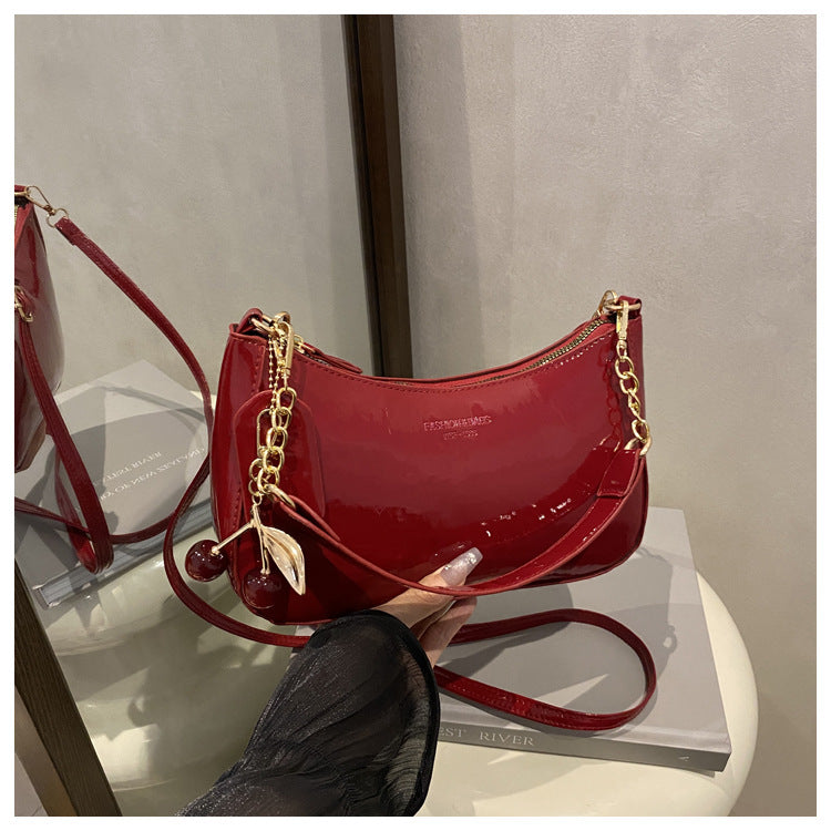 Red Chic Glossy PU Leather Underarm Bag & Crossbody Purse with Cherry Charm - Versatile Handbag for Women