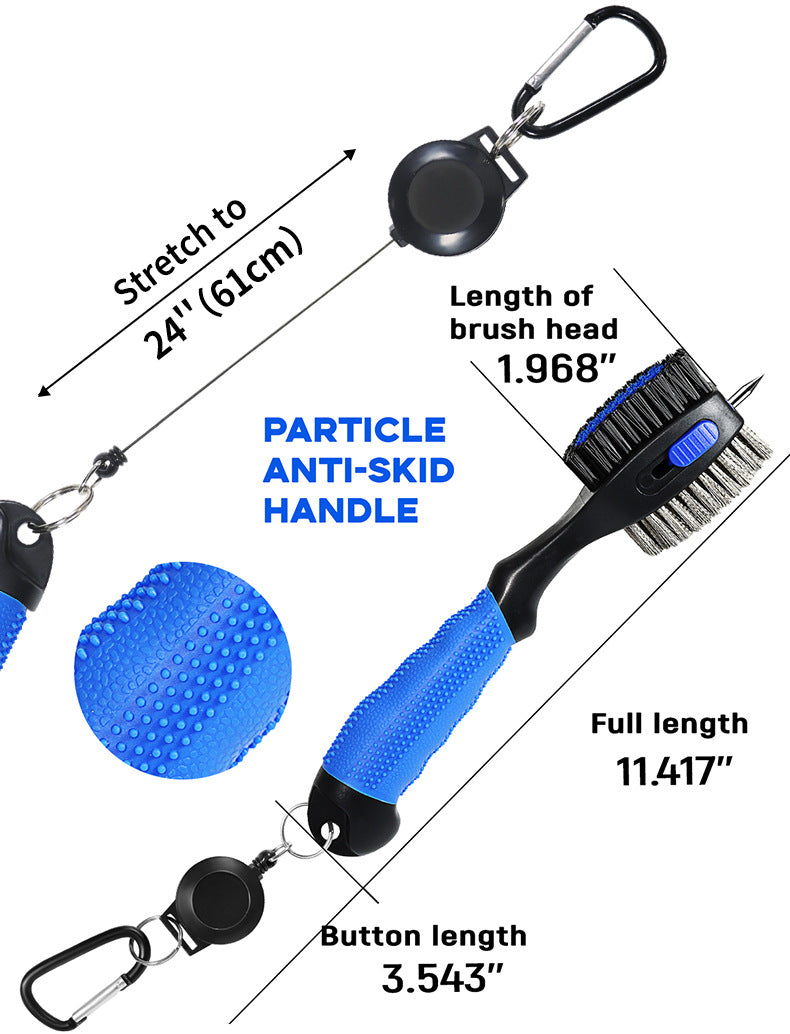 Black Premium Golf Club Cleaning Brush Extra Large Head Dual Bristles Retractable Zip Line & Groove Cleaner Spike Anti-Slip Ergonomic Grip 29cm