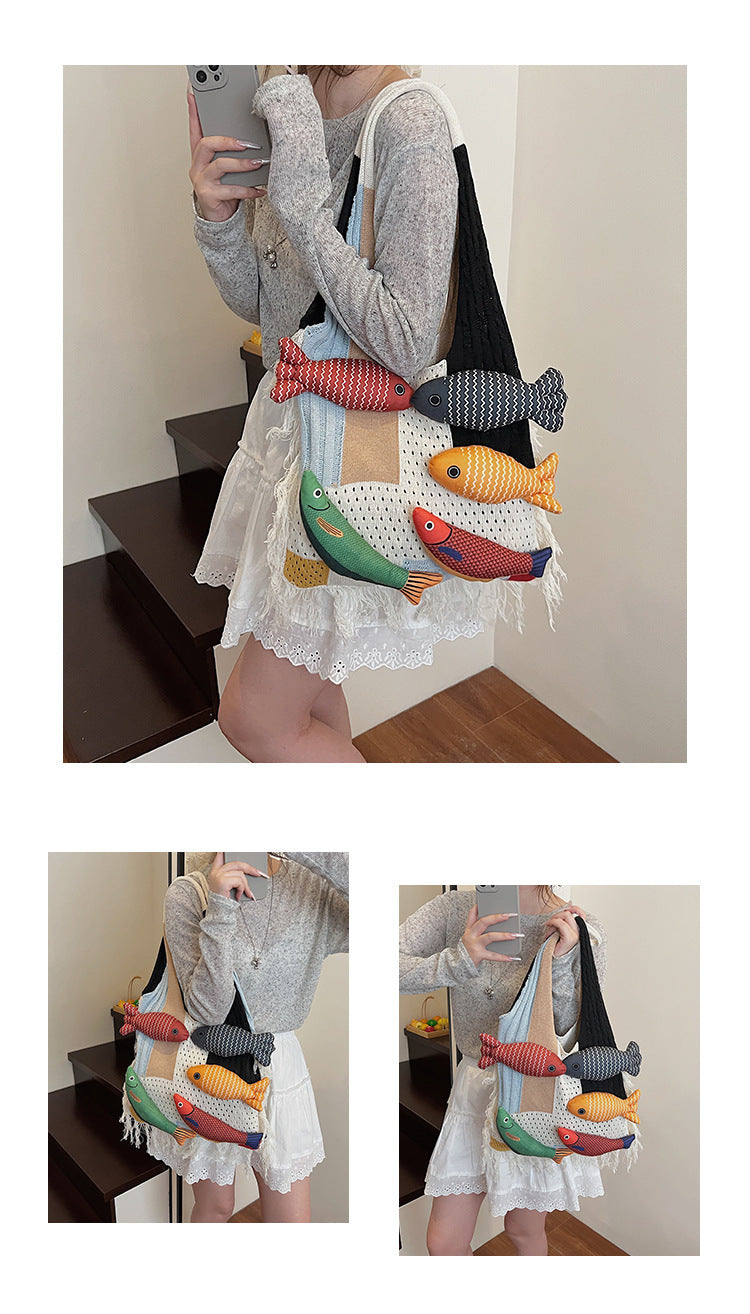 White handbag strap Knitted Patchwork Tote Bag – Spacious, Fringed, Single-Shoulder Design