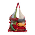 Red handbag strap Knitted Patchwork Tote Bag – Spacious, Fringed, Single-Shoulder Design