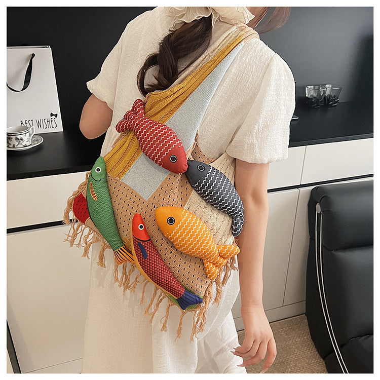 Red handbag strap Knitted Patchwork Tote Bag – Spacious, Fringed, Single-Shoulder Design