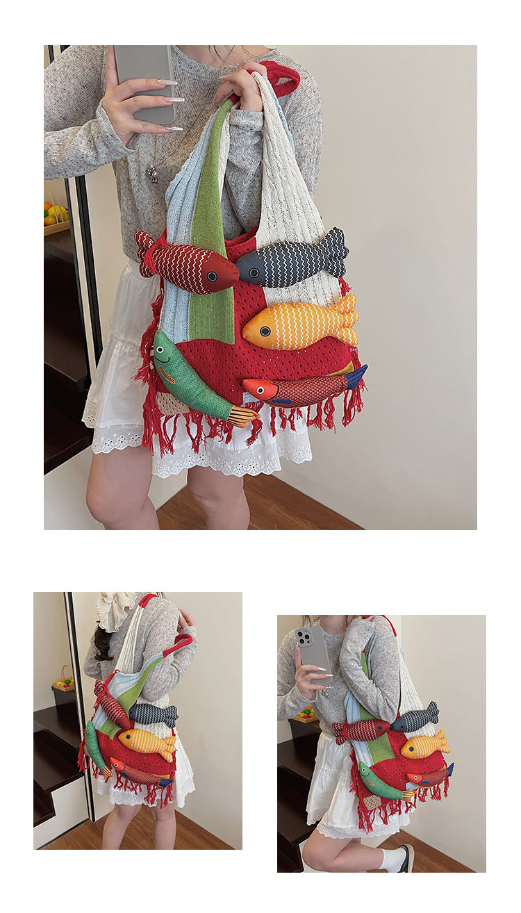 Red handbag strap Knitted Patchwork Tote Bag – Spacious, Fringed, Single-Shoulder Design