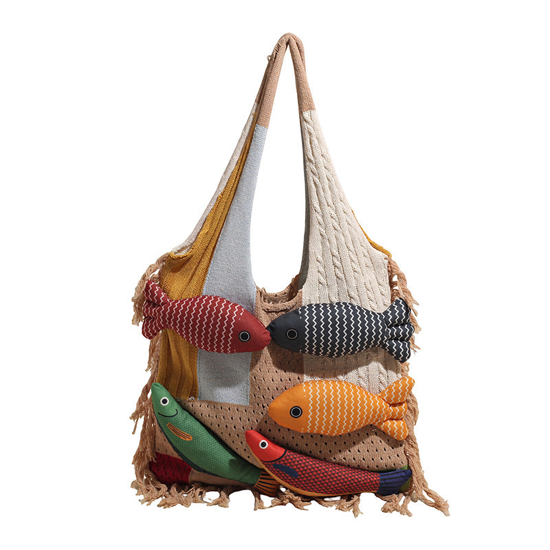 Khaki handbag strap Knitted Patchwork Tote Bag – Spacious, Fringed, Single-Shoulder Design