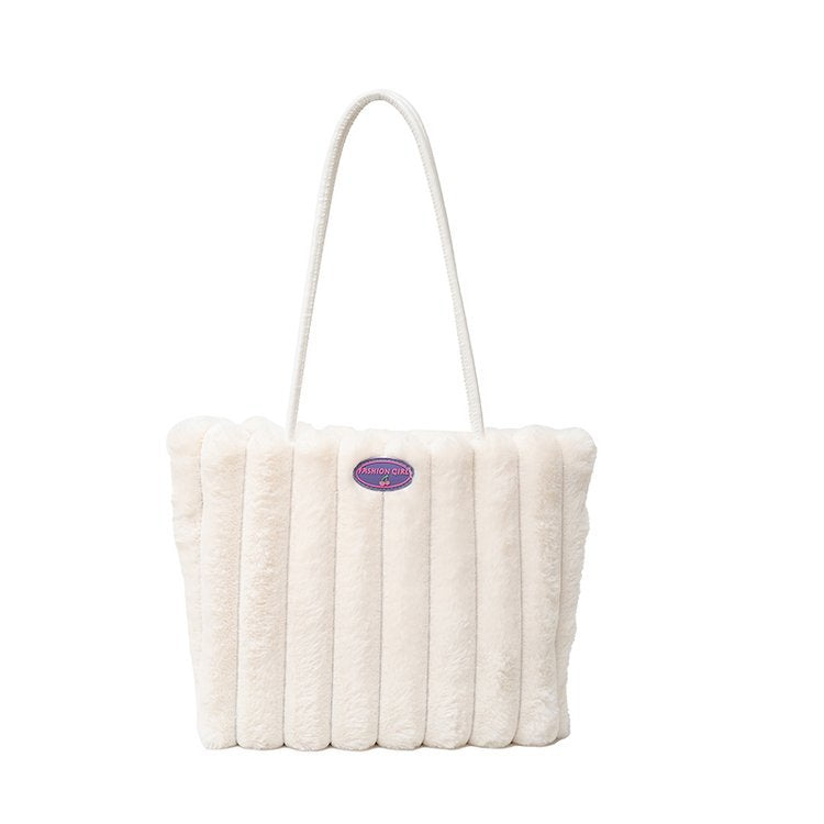 White Faux Fur Tote Bag with Large Capacity, Soft Plush Material & Adjustable Handle – Stylish Shoulder Handbag for Women, Perfect for Daily Commute and Casual Wear