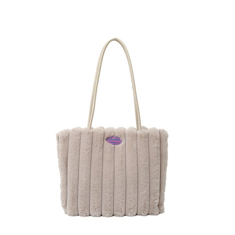 Khaki Faux Fur Tote Bag with Large Capacity, Soft Plush Material & Adjustable Handle – Stylish Shoulder Handbag for Women, Perfect for Daily Commute and Casual Wear