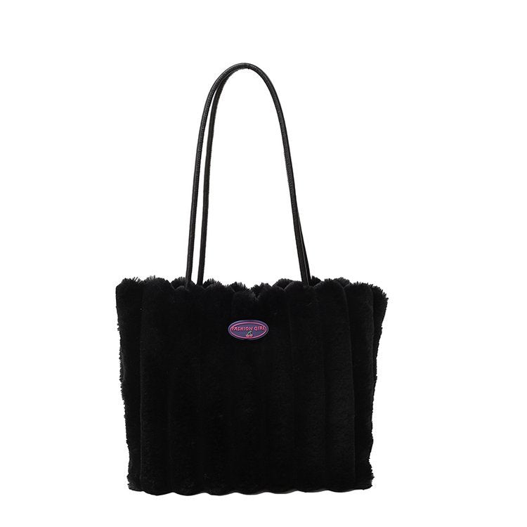 Black Faux Fur Tote Bag with Large Capacity, Soft Plush Material & Adjustable Handle – Stylish Shoulder Handbag for Women, Perfect for Daily Commute and Casual Wear