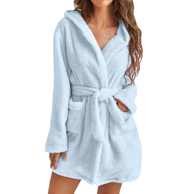 Blue 5XL Size Women's Ultra-Thick Plush Robe with Large Hood & Pockets  - Warm Winter Double-Layer Sherpa Fleece Lounge, Bathrobe & Nightwear