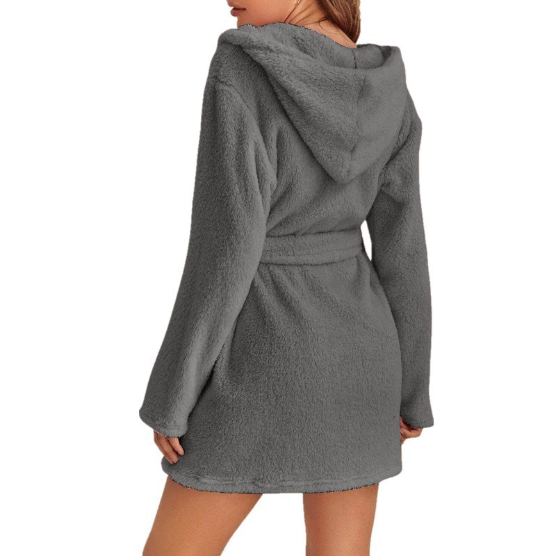 Dark Grey 5XL Size Women's Ultra-Thick Plush Robe with Large Hood & Pockets  - Warm Winter Double-Layer Sherpa Fleece Lounge, Bathrobe & Nightwear