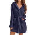 Dark Blue M Size Women's Ultra-Thick Plush Robe with Large Hood & Pockets  - Warm Winter Double-Layer Sherpa Fleece Lounge, Bathrobe & Nightwear
