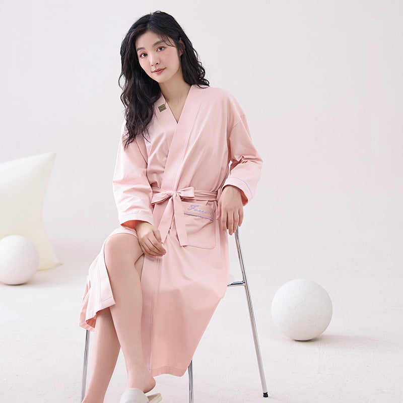 Pink  2XL size Women's Cotton Robe — Autumn/Winter Bathrobe & Morning Gown | Long Sleeve, Mid-Length, Plus Size | Loose, Comfortable, and Machine Washable | Suitable for All Seasons