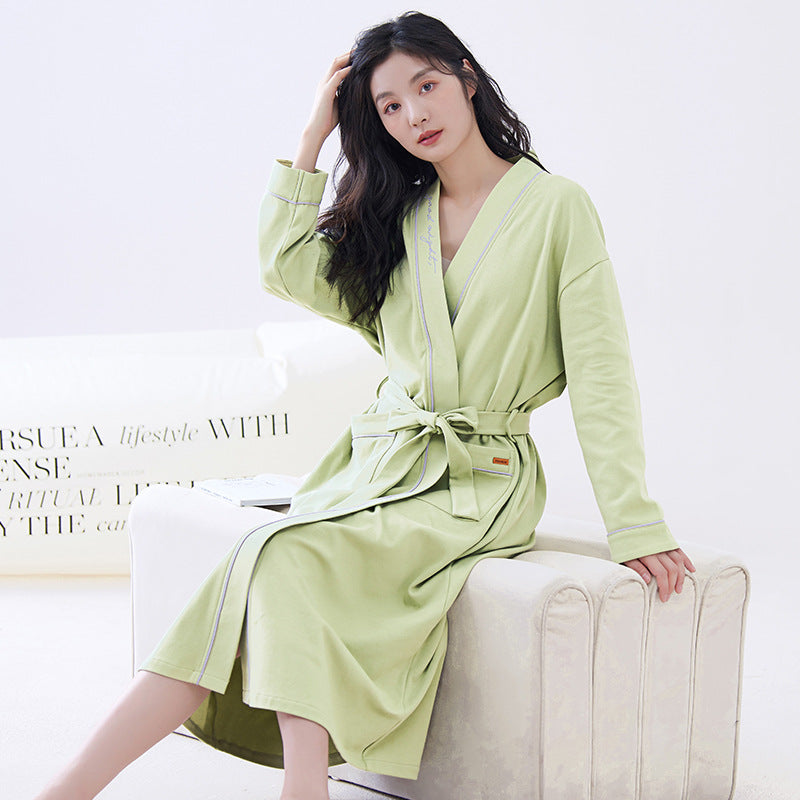Green M size Women's Cotton Robe — Autumn/Winter Bathrobe & Morning Gown | Long Sleeve, Mid-Length, Plus Size | Loose, Comfortable, and Machine Washable | Suitable for All Seasons