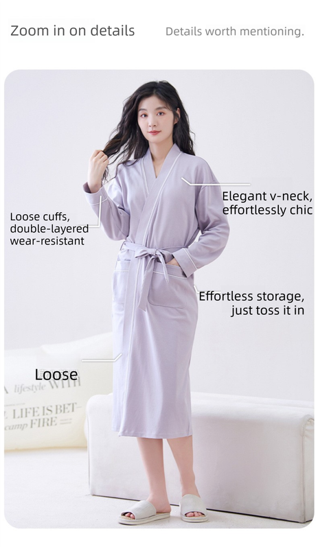 Beige 2XL size Women's Cotton Robe — Autumn/Winter Bathrobe & Morning Gown | Long Sleeve, Mid-Length, Plus Size | Loose, Comfortable, and Machine Washable | Suitable for All Seasons