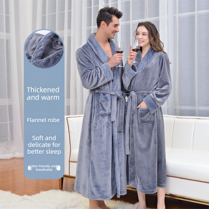 Pink 3XL size Plush Flannel Robe for Couples - Thickened Warm Bathrobe with Shawl Collar, Soft Fleece Material, Unisex Long Style for Winter Home Wear