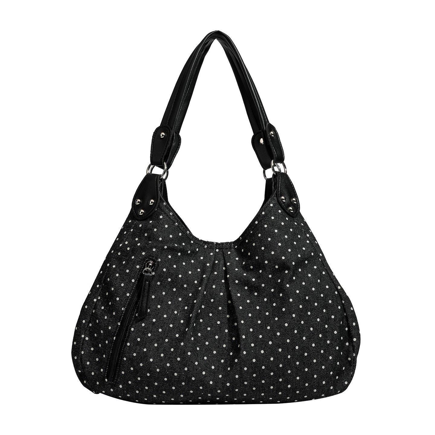 Vintage Polka Dot Handbag for Women with Fixed Shoulder Strap – Large Capacity Stylish Casual Canvas Tote Bag, Multi Compartment Zipper Pockets, Structured Shape Design and Rivet Decoration