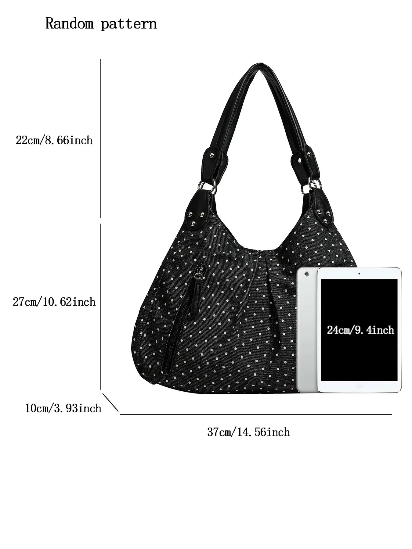Vintage Polka Dot Handbag for Women with Fixed Shoulder Strap – Large Capacity Stylish Casual Canvas Tote Bag, Multi Compartment Zipper Pockets, Structured Shape Design and Rivet Decoration