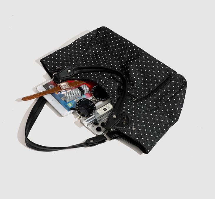 Vintage Polka Dot Handbag for Women with Fixed Shoulder Strap – Large Capacity Stylish Casual Canvas Tote Bag, Multi Compartment Zipper Pockets, Structured Shape Design and Rivet Decoration