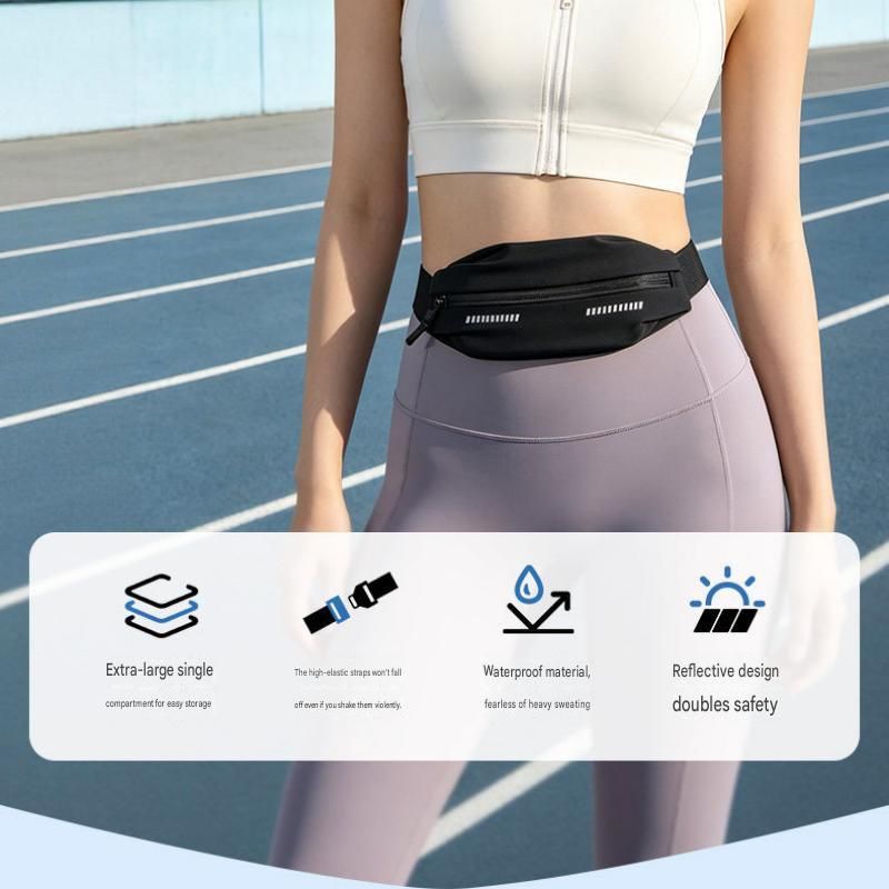 Black Running Waist Belt - High Stretch Nylon Sports Fanny Pack with Reflective Strips, Lightweight Waterproof Phone Holder for Gym, Jogging and Outdoor Fitness
