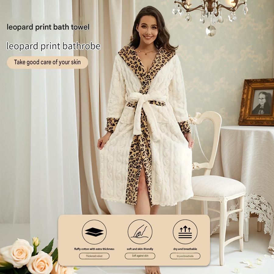 Women's White Coral Fleece Hooded Bathrobe with Leopard Print Trim (L)- Soft Plush Wrap Robe with Pockets and Tie Belt for Lounging