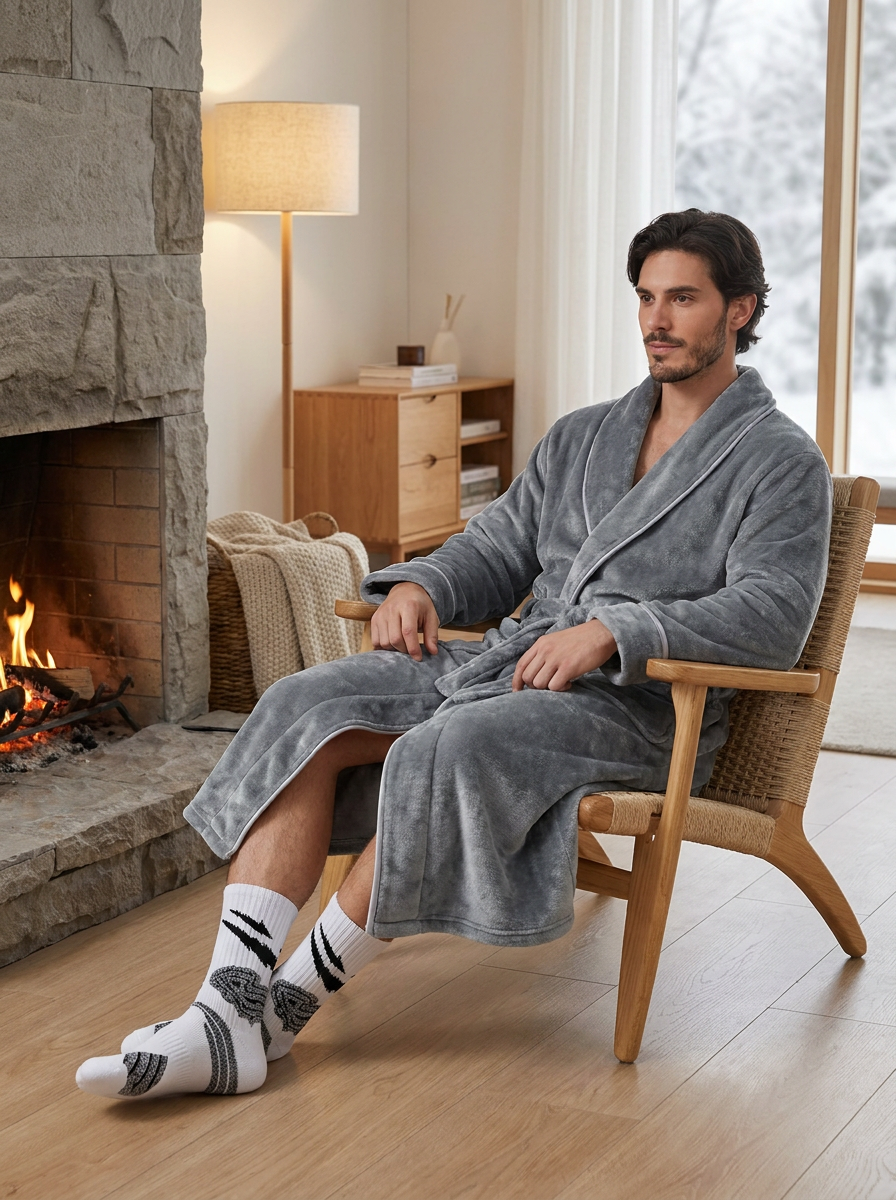 Grey Men's Winter Lounge Bundle Set - Flannel Shawl Collar Robe(M Size) with 2x White Thick Mid Calf Demon Pattern Socks, Warm Plush Homewear Set, Soft Cozy Sleepwear and Indoor Loungewear Gift for Men