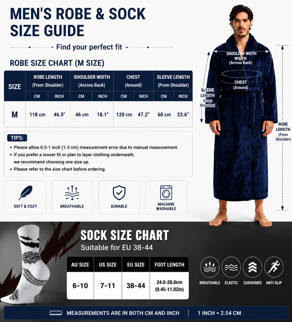 Grey Men's Winter Lounge Bundle Set - Flannel Shawl Collar Robe(M Size) with 2x White Thick Mid Calf Demon Pattern Socks, Warm Plush Homewear Set, Soft Cozy Sleepwear and Indoor Loungewear Gift for Men