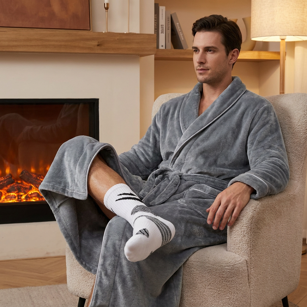 Grey Men's Winter Lounge Bundle Set - Flannel Shawl Collar Robe(L Size) with 2x White Thick Mid Calf Demon Pattern Socks, Warm Plush Homewear Set, Soft Cozy Sleepwear and Indoor Loungewear Gift for Men