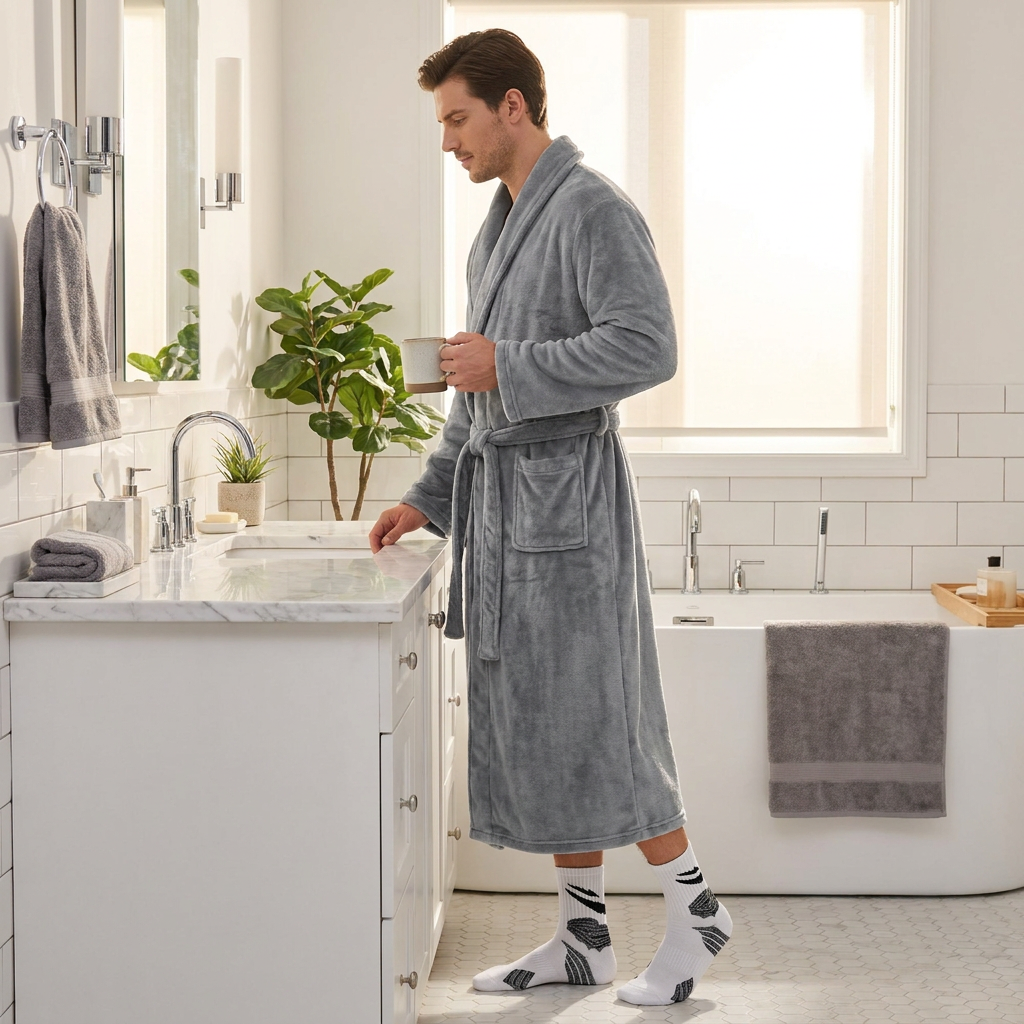Grey Men's Winter Lounge Bundle Set - Flannel Shawl Collar Robe(L Size) with 2x White Thick Mid Calf Demon Pattern Socks, Warm Plush Homewear Set, Soft Cozy Sleepwear and Indoor Loungewear Gift for Men