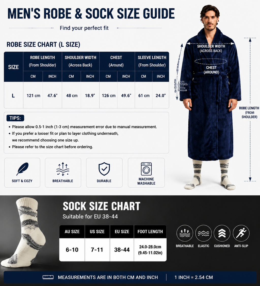 Grey Men's Winter Lounge Bundle Set - Flannel Shawl Collar Robe(L Size) with 2x White Thick Mid Calf Demon Pattern Socks, Warm Plush Homewear Set, Soft Cozy Sleepwear and Indoor Loungewear Gift for Men