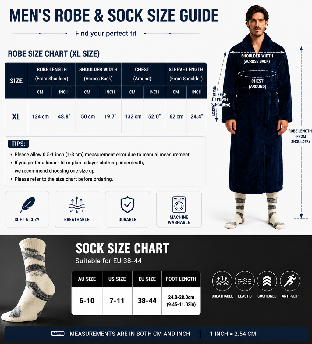 Grey Men's Winter Lounge Bundle Set - Flannel Shawl Collar Robe(XL Size) with 2x White Thick Mid Calf Demon Pattern Socks, Warm Plush Homewear Set, Soft Cozy Sleepwear and Indoor Loungewear Gift for Men