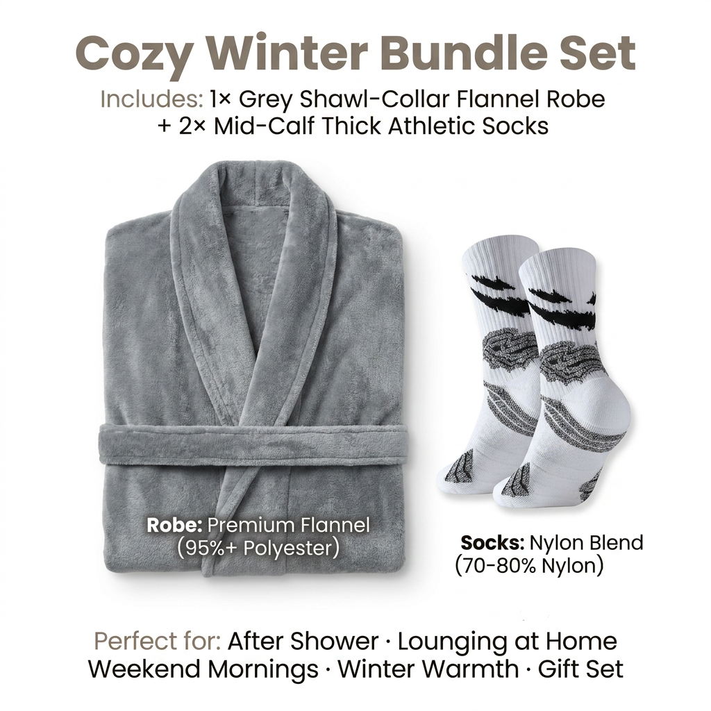 Grey Men's Winter Lounge Bundle Set - Flannel Shawl Collar Robe(XXL Size) with 2x White Thick Mid Calf Demon Pattern Socks, Warm Plush Homewear Set, Soft Cozy Sleepwear and Indoor Loungewear Gift for Men