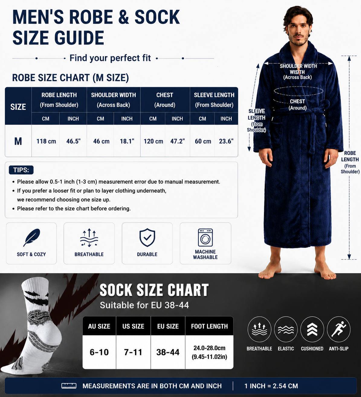 Blue Men's Winter Lounge Bundle Set - Flannel Shawl Collar Robe(M Size) with 2x  Thick Mid Calf Purple Demon Pattern Socks, Warm Plush Homewear Set, Soft Cozy Sleepwear and Indoor Loungewear Gift for Men