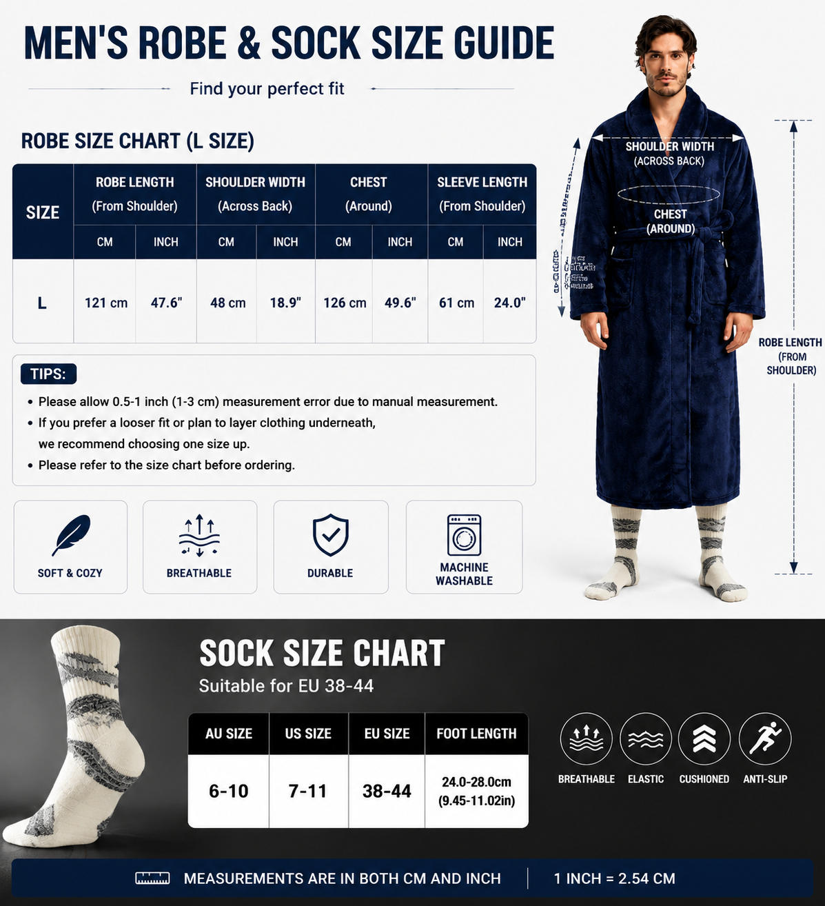 Blue Men's Winter Lounge Bundle Set - Flannel Shawl Collar Robe(L Size) with 2x  Thick Mid Calf Purple Demon Pattern Socks, Warm Plush Homewear Set, Soft Cozy Sleepwear and Indoor Loungewear Gift for Men