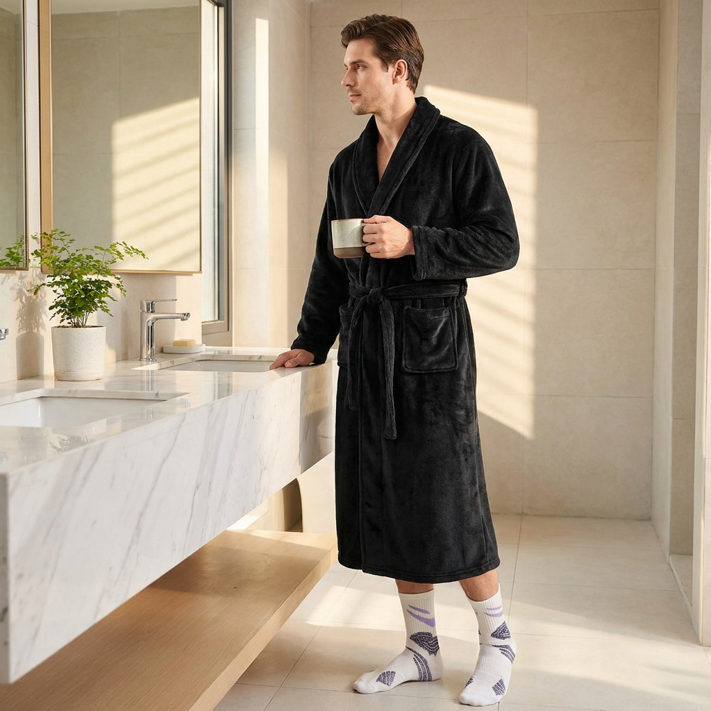 Blue Men's Winter Lounge Bundle Set - Flannel Shawl Collar Robe(XL Size) with 2x  Thick Mid Calf Purple Demon Pattern Socks, Warm Plush Homewear Set, Soft Cozy Sleepwear and Indoor Loungewear Gift for Men