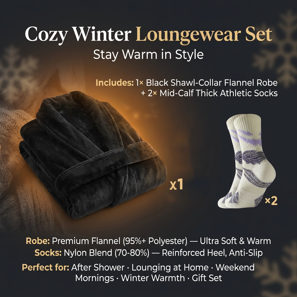 Blue Men's Winter Lounge Bundle Set - Flannel Shawl Collar Robe(XXL Size) with 2x  Thick Mid Calf Purple Demon Pattern Socks, Warm Plush Homewear Set, Soft Cozy Sleepwear and Indoor Loungewear Gift for Men