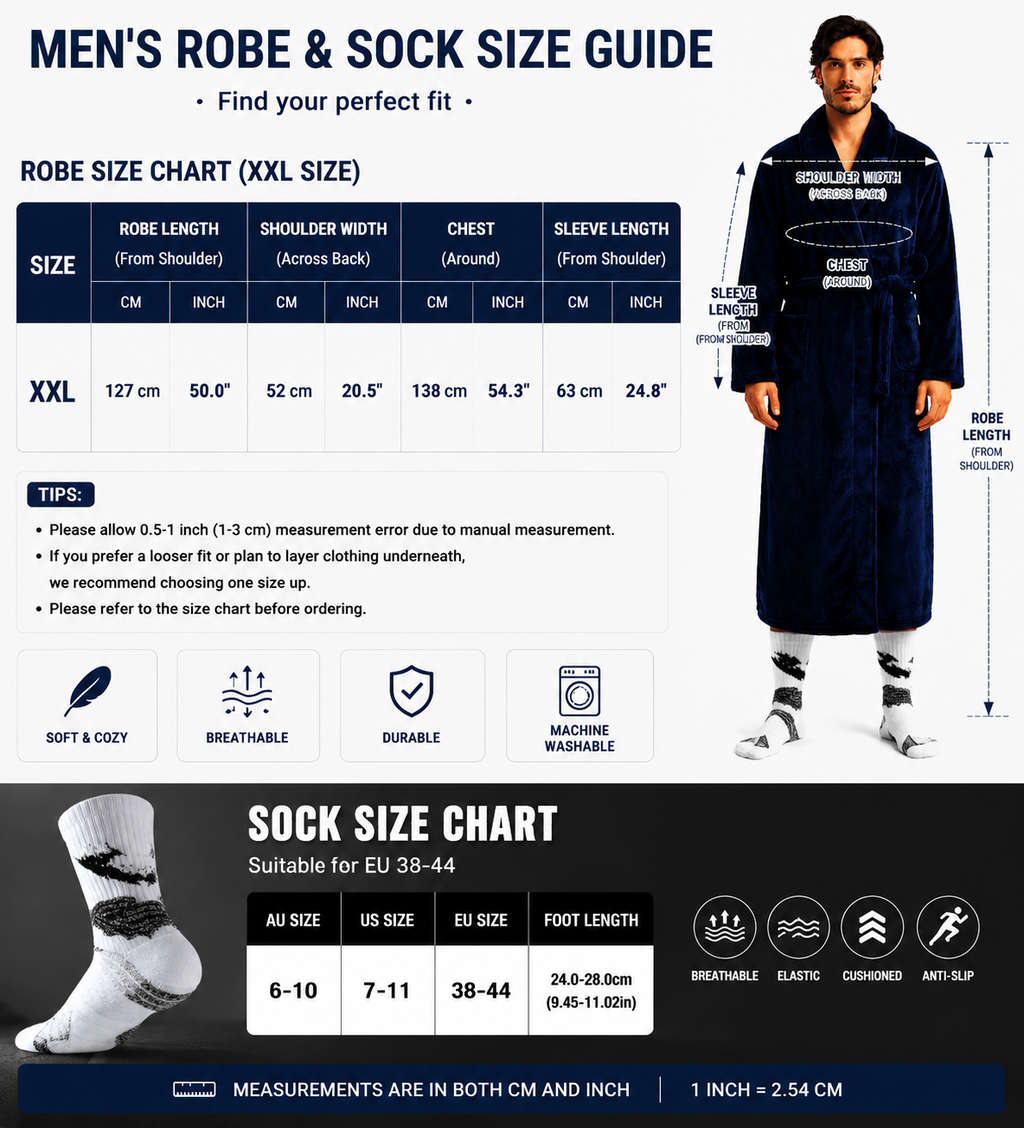 Blue Men's Winter Lounge Bundle Set - Flannel Shawl Collar Robe(XXL Size) with 2x  Thick Mid Calf Purple Demon Pattern Socks, Warm Plush Homewear Set, Soft Cozy Sleepwear and Indoor Loungewear Gift for Men