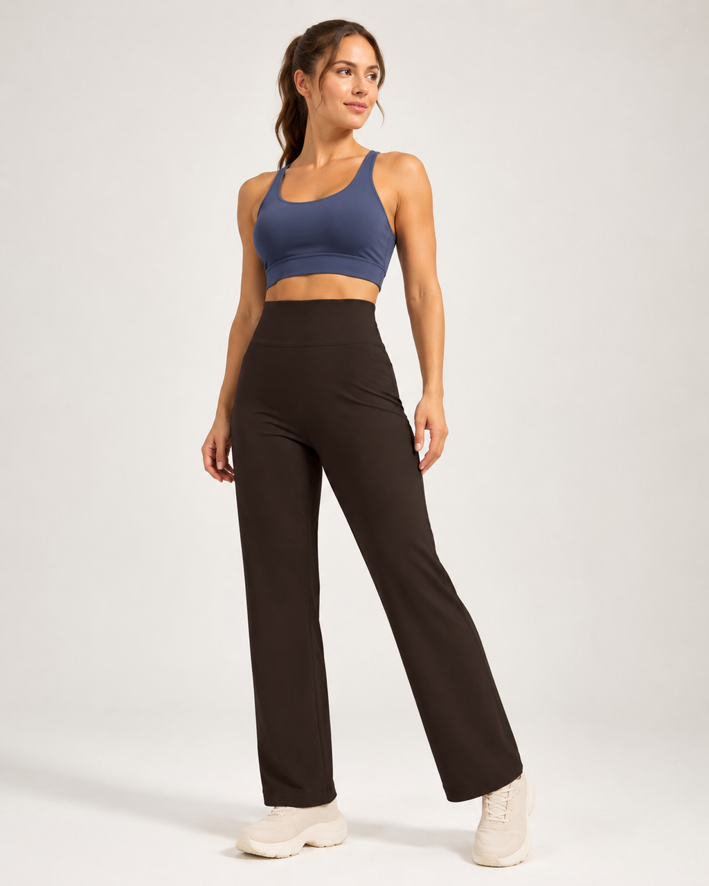 Women's High Waisted Straight Leg Yoga Pants (L size) - Coffee Brown, Relaxed Full Length Fit with Rear Waist Pocket for Yoga, Pilates, Walking and Everyday Athleisure
