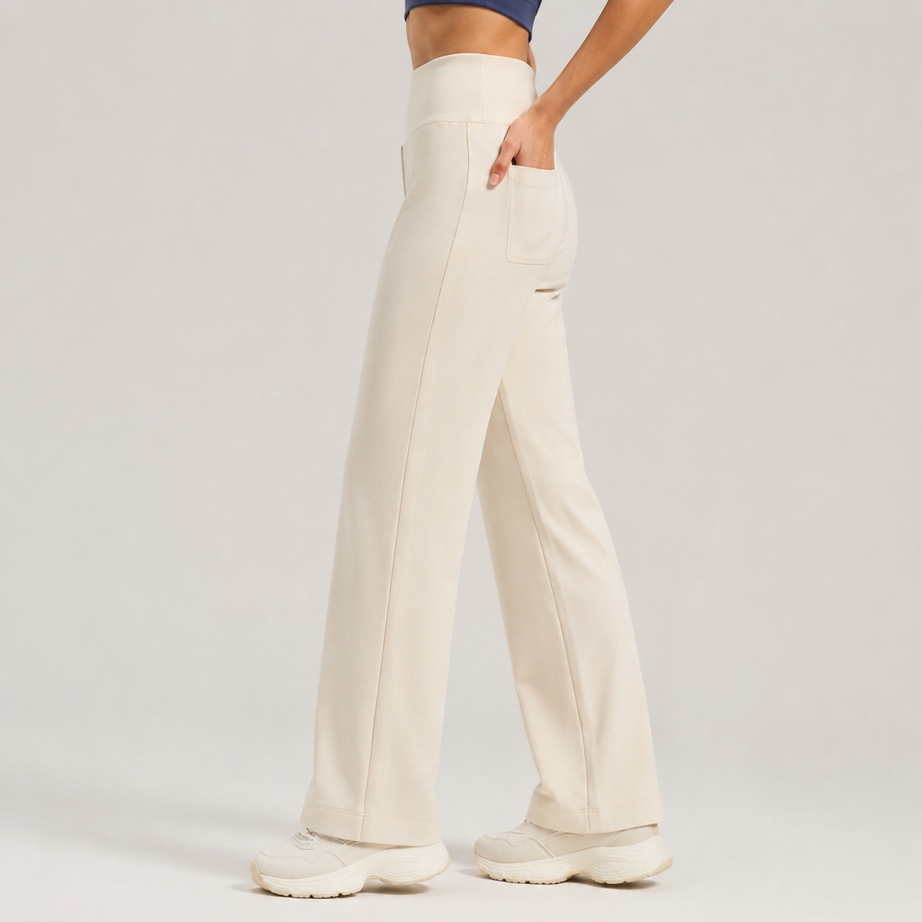 Women's High Waisted Straight Leg Yoga Pants (S size)- White Loose Fit Activewear with Back Waist Pocket for Pilates, Yoga, Gym, Walking and Everyday Lounge Wear