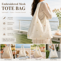 Embroidered Mesh Tote Bag for Women Large Capacity Shoulder Bag Lightweight Floral Embroidery Handbag Casual Daily Work Commuter Bag Stylish Summer Beach Shopping Bag
