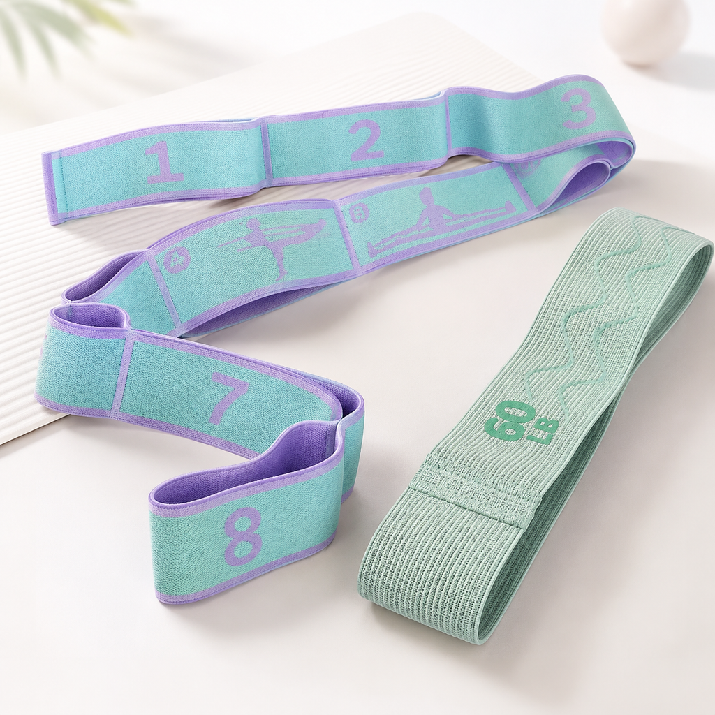 Green and purple 8 Grid Yoga Stretching Strap and 60LB Resistance Band Set for Pilates Workout Adjustable Stretch Band with Numbered Positions Glute Training Exercise Band Fitness Equipment for Yoga Dance Flexibility Training