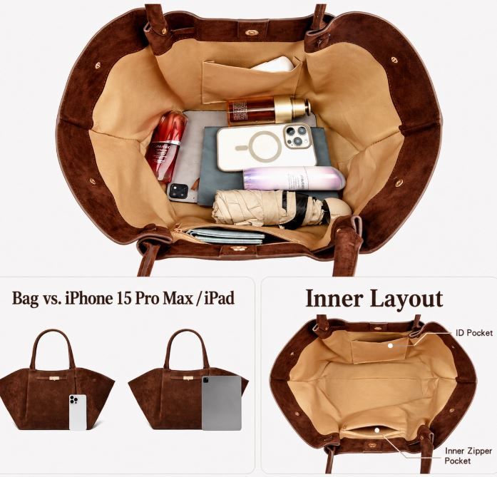 Coffee Women's Wings Shape New York Slouchy Tote Bag (61 x 13 x 29CM) - Soft Textured Suede, Oversized Dumpling Shoulder Handbag with Magnetic Closure, Organised Pockets and Metal Feet