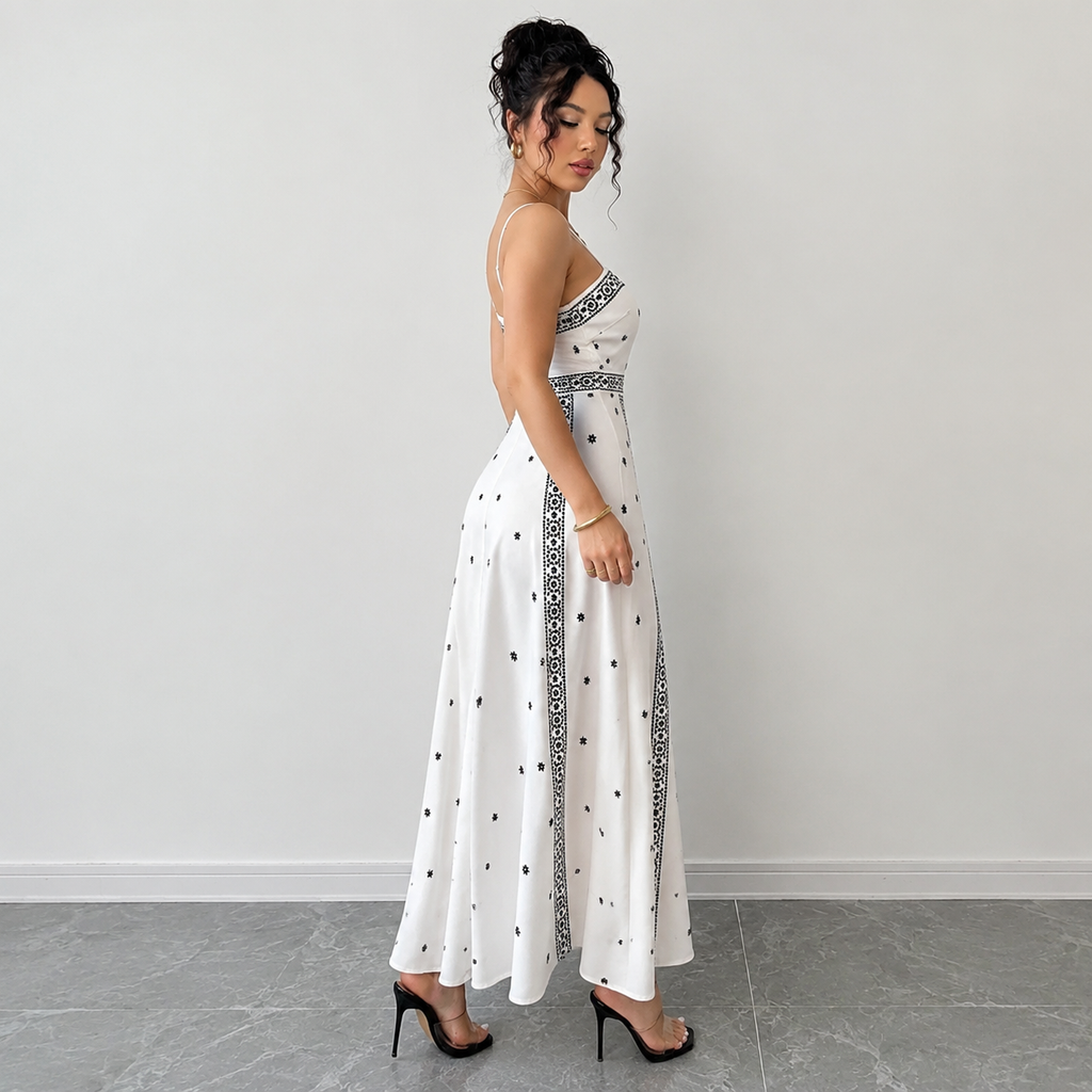 Women's White Boho Print Maxi Dress M Size - Stretch Polyester Fabric, Spaghetti Straps, Fitted Waist and A-Line Silhouette for Spring Summer Beach Vacations, Travel, Parties and Events