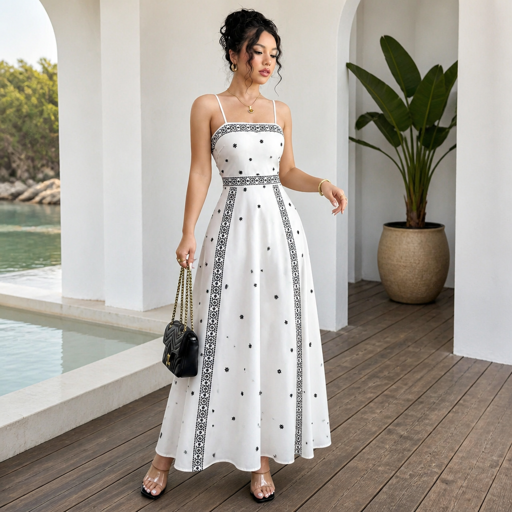 Women's White Boho Print Maxi Dress L Size - Stretch Polyester Fabric, Spaghetti Straps, Fitted Waist and A-Line Silhouette for Spring Summer Beach Vacations, Travel, Parties and Events