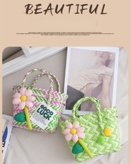 Handwoven Fresh PP Tote Bag with Upright Square Structure & Flower Deco, Durable Mini Spring Picnic Basket and Favour Handbag 16x16x9cm, Green Pink Contrastion