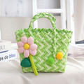 Handwoven Fresh PP Tote Bag with Upright Square Structure & Flower Deco, Durable Mini Spring Picnic Basket and Favour Handbag 16x16x9cm, Green White Contrastion